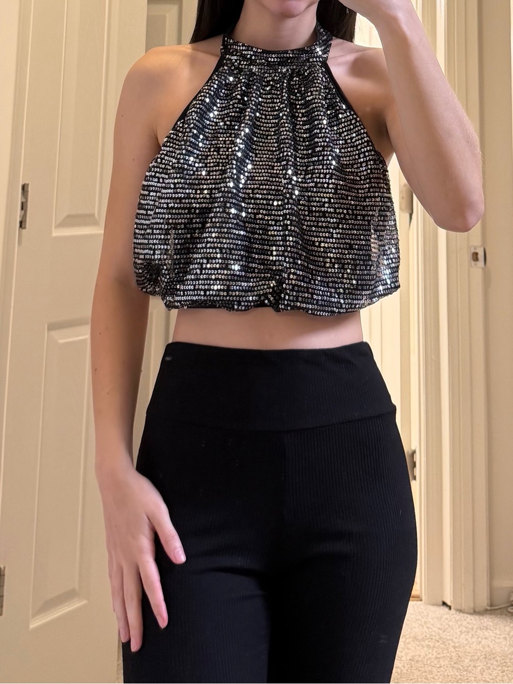 Black Sequin Halter Crop Top - Shimmer Evening Tank